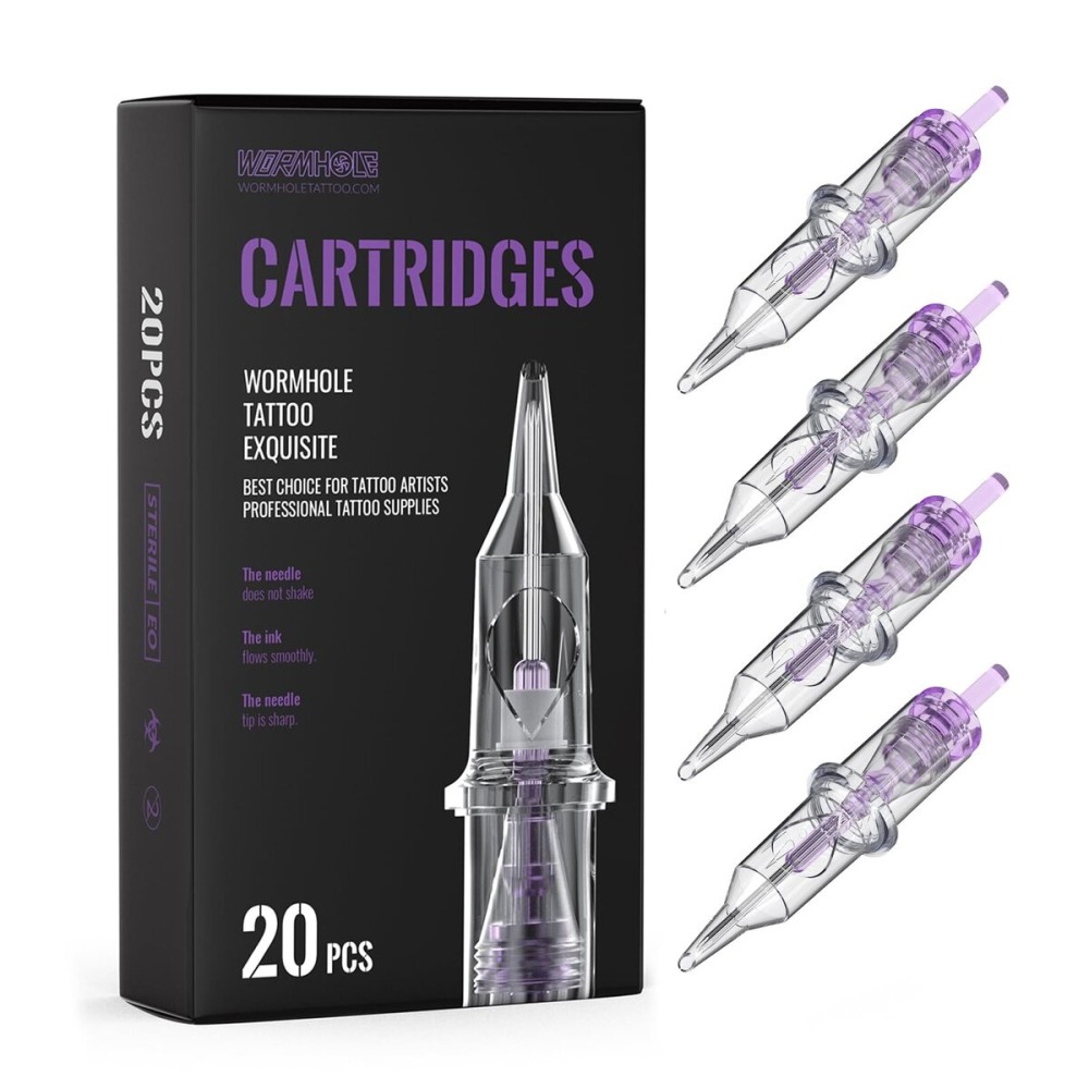 Wormhole Tattoo Cartridge Needles, 20pcs 1RL Disposable Tattoo Needle Cartridges Standard 1 Round Liner for Rotary Tattoo Machine Pen Cartridge Machine Permanent Makeup (1201RL)