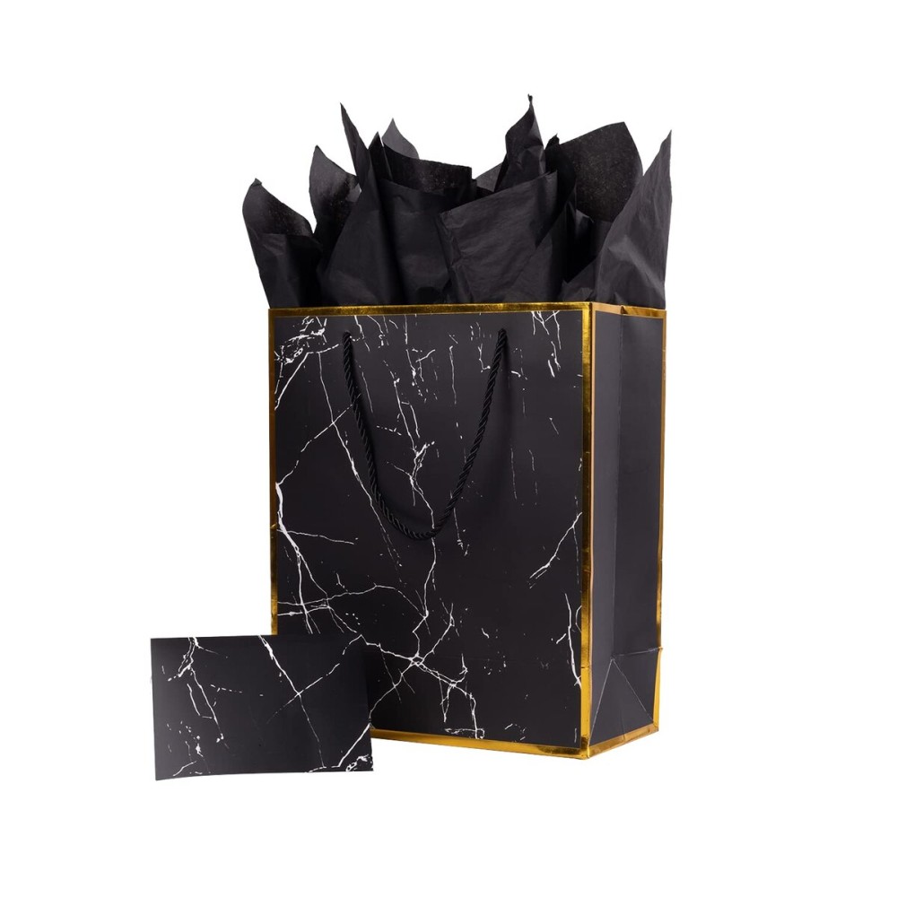 ysmile Marble Black 12 Large Gift Paper Bag with Tissue Paper for Men Birthday Favor