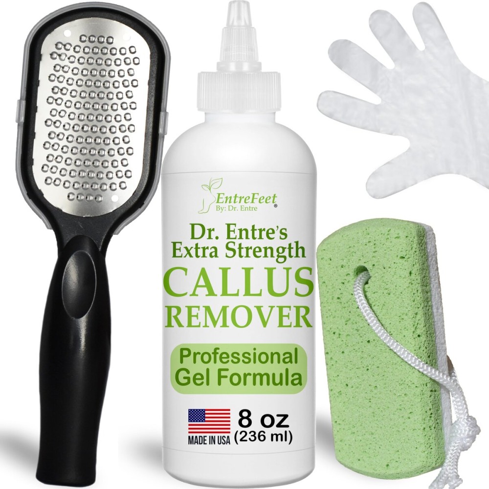 Dr. Entre\'s Callus Remover Gel Kit for Feet: Foot File, Pumice Stone, 5 Glove Pairs for Gel Application, Spa Kit, Foot Care, Pedicure Tools, Scrubber, 8oz