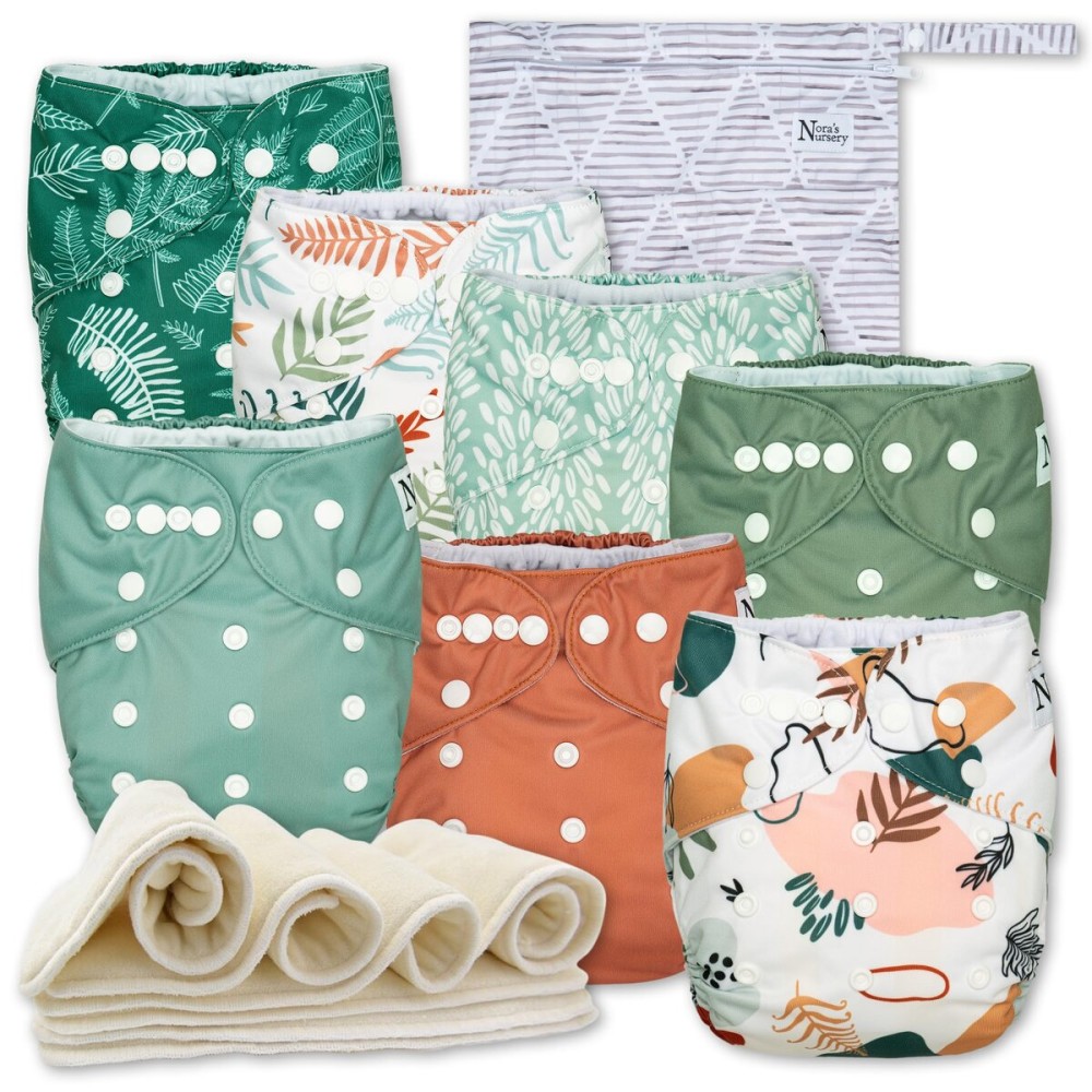 Nora\'s Nursery Cloth Diapers 7 Pack with 7 Inserts & 1 Wet Bag - Waterproof Cover, Washable, Reusable & One Size Adjustable Pocket Diapers for Newborns and Toddlers - Oasis