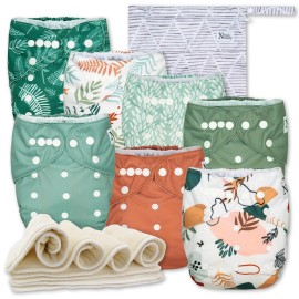 Nora\'s Nursery Cloth Diapers 7 Pack with 7 Inserts & 1 Wet Bag - Waterproof Cover, Washable, Reusable & One Size Adjustable Pocket Diapers for Newborns and Toddlers - Oasis