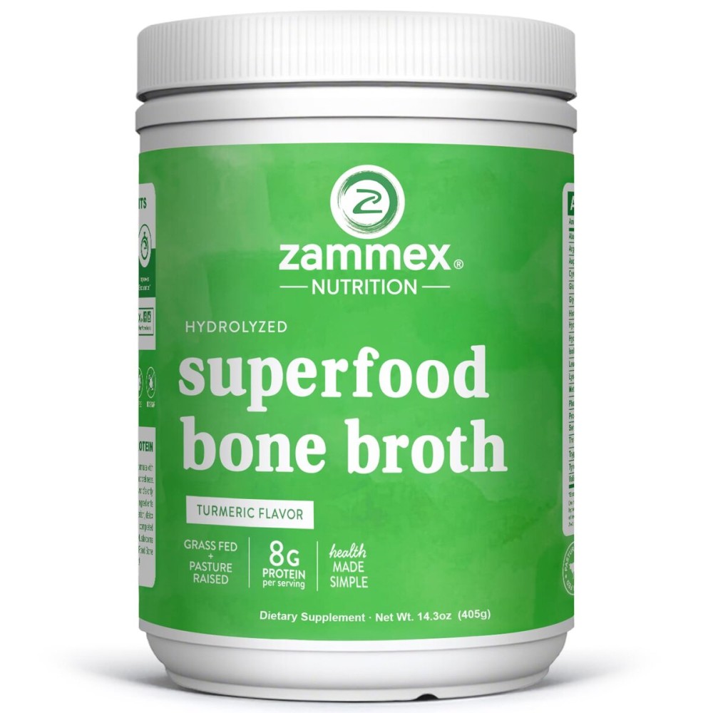 Zammex Bone Broth Plus Superfood Protein Powder (Turmeric Flavor), 8g Hydrolyzed Protein with Vitamin D, for Healthy Skin, Nails, Hair, Joints & Digestion,Non-GMO (30 Servings)