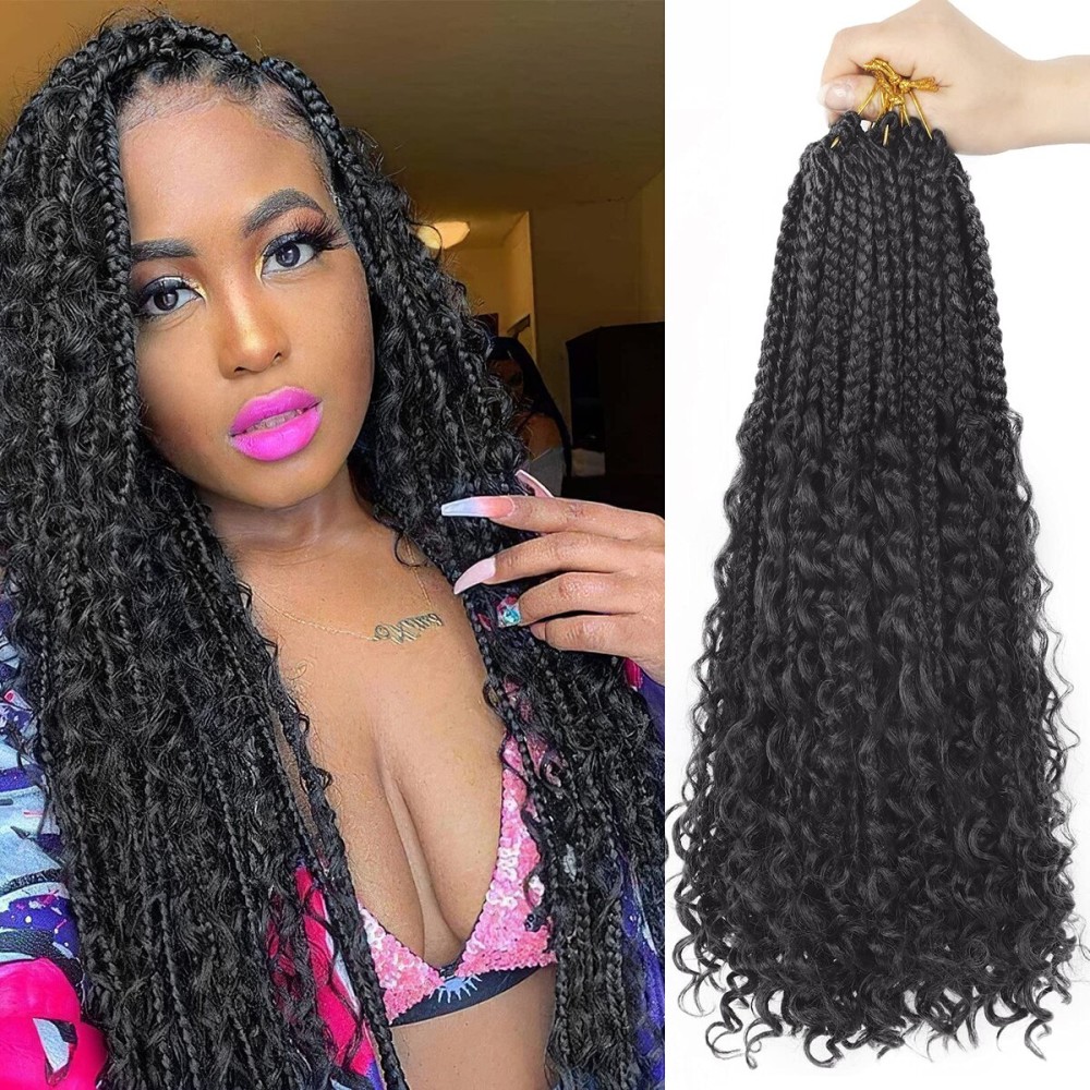 Goddess Box Braids Crochet Hair With Curly Ends 18 Inch Bohomian Box Braids Crochet Braids 8 Packs 3X Crochet Braids Synthetic Braiding Hair Extension for Black Women (18 Inch (Pack of 8), 1B)