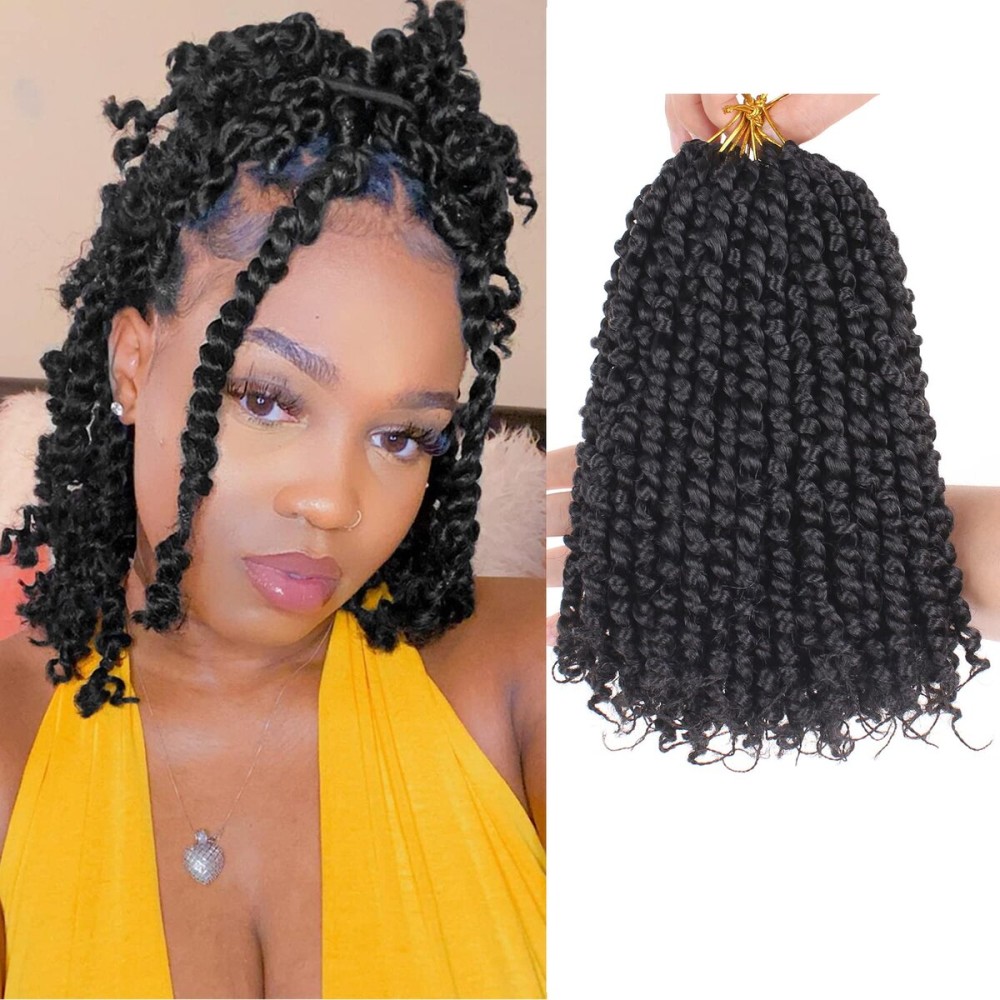 Leeven 8 Packs 10 Inch Passion Twist Hair for Women Natural Black Bomb Pre Twisted Water Wave Crochet Braids Hair Pre Looped Curly Bohemian Synthetic Braiding Hair Extensions 12 Strands/Pack 1B