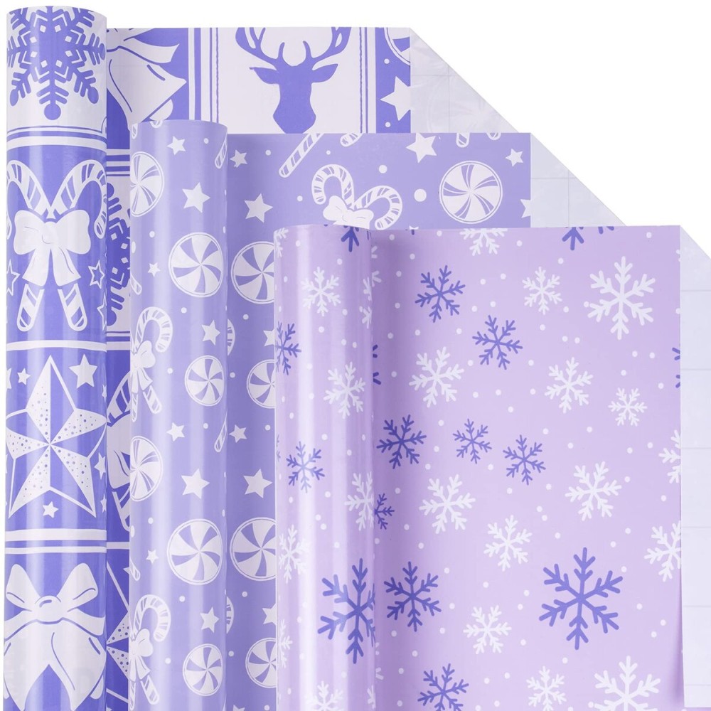 LeZakaa Christmas Wrapping Paper Mini Roll - Bell & Tree/Candy Canes/Snowflakes Design in Light Purple for Gift Wrap, Arts Crafts - 17 x 120 inches - 3 Rolls (42.5 sq.ft.ttl.)