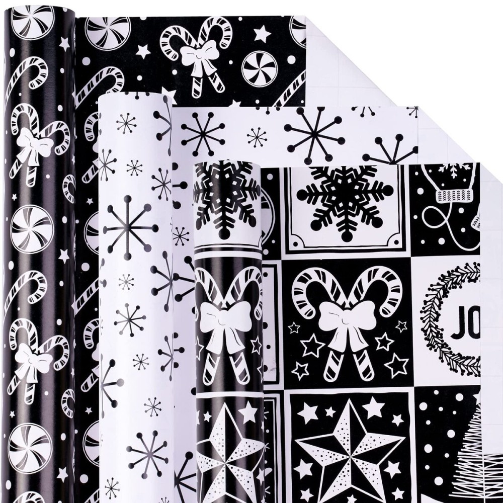LeZakaa Christmas Wrapping Paper Mini Roll - Bell & Tree/Candy Canes/Snowflakes in Black & White for Gift Wrap, Arts Crafts - 17 x 120 inches - 3 Rolls (42.5 sq.ft.ttl.)