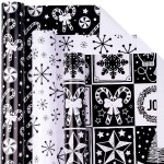 LeZakaa Christmas Wrapping Paper Mini Roll - Bell & Tree/Candy Canes/Snowflakes in Black & White for Gift Wrap, Arts Crafts - 17 x 120 inches - 3 Rolls (42.5 sq.ft.ttl.)