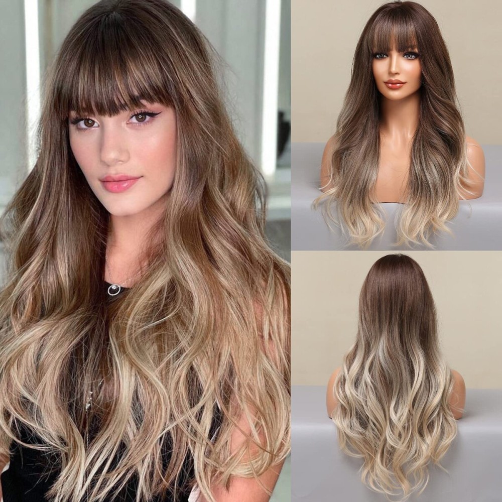 HAIRCUBE Ash Blonde Wig with Bangs Long Ombre Brown to Blonde Curly Wigs for Women Natural Synthetic Wig for Daily Use (pelucas de cabello natural)