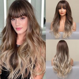 HAIRCUBE Ash Blonde Wig with Bangs Long Ombre Brown to Blonde Curly Wigs for Women Natural Synthetic Wig for Daily Use (pelucas de cabello natural)