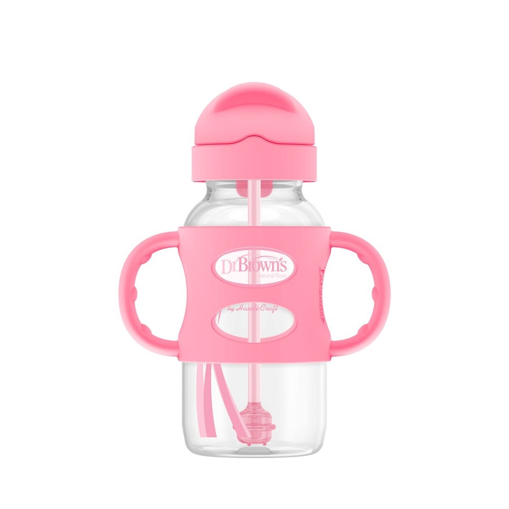 Dr. Brown\'s Wide-Neck Sippy Straw Bottle with Handles, Pink, 9oz/270ml, 1-Pack