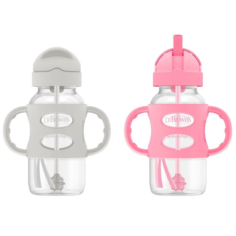 Dr. Brown\'s Milestones Wide-Neck Sippy Straw Bottle with 100% Silicone Handles and Weighted Straw, 9 oz/270 mL, Gray & Pink, 6m+, 2 Count (Pack of 1)