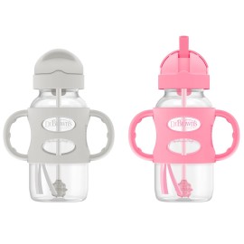Dr. Brown\'s Milestones Wide-Neck Sippy Straw Bottle with 100% Silicone Handles and Weighted Straw, 9 oz/270 mL, Gray & Pink, 6m+, 2 Count (Pack of 1)