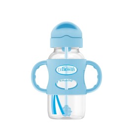 Dr. Brown\'s Milestones Wide-Neck Sippy Straw Bottle with 100% Silicone Handles and Weighted Straw, 9 oz/270 mL, Blue, 6m+