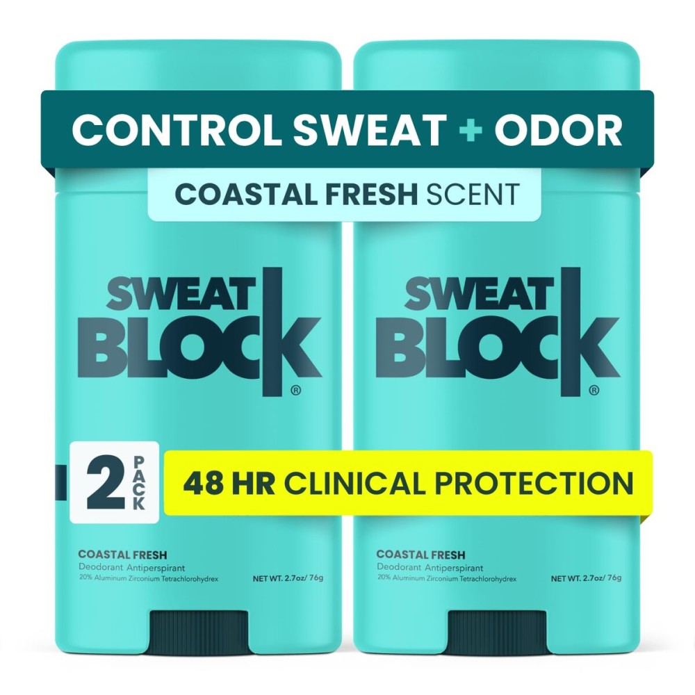 SweatBlock Clinical Strength Deodorant and Antiperspirant for Men and Women Coastal Fresh Scent 2 Pack 48 Hour Protection Against Odor and Excessive Sweat Ideal for Active Lifestyles and Daily Use