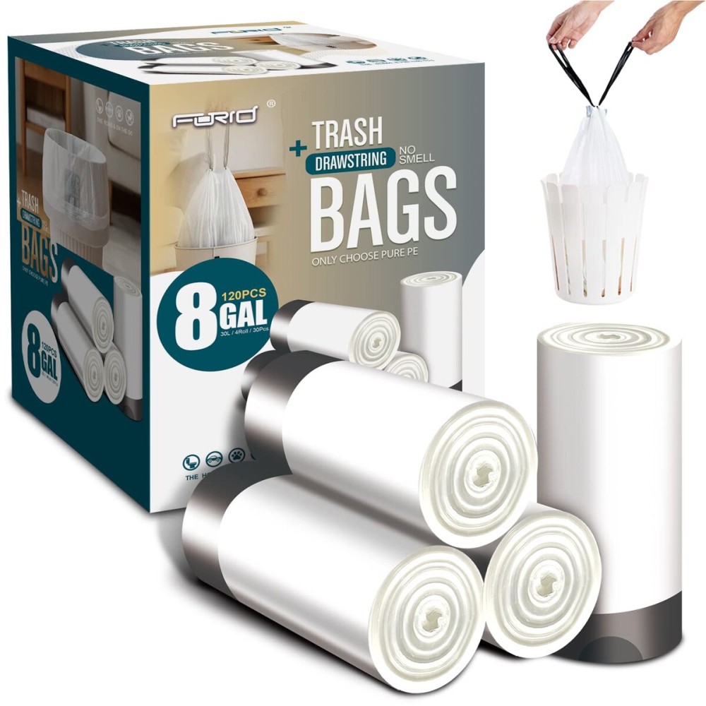 FORID Medium Drawstring Trash Bags - Plastic Garbage Bags 8 Gallon (30 Liter) White Disposable Can Liners for Kitchen Bedroom Bathroom Home Office (120 Counts) - Durable & Thick Trash Bags