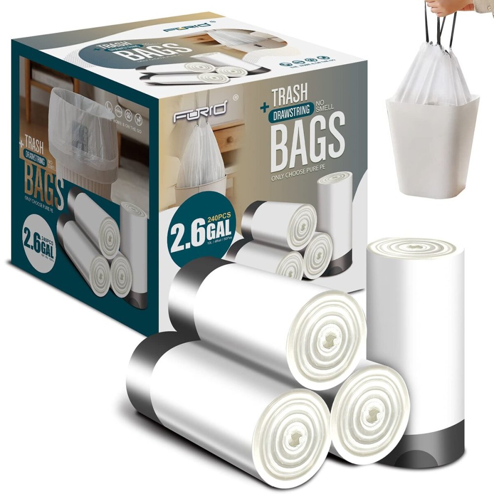 FORID Small Drawstring Trash Bags - 2.6 Gallon White Garbage Bags 240 Count, Durable & Thick Bags, Multipurpose Use