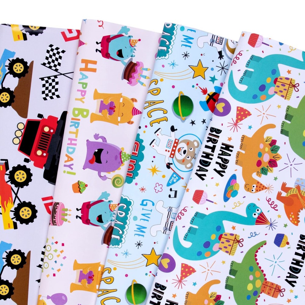 PlandRichW Birthday Wrapping Paper for Boys,Baby,Kids.Gift Wrapping Paper Includes Dinosaur Monster Truck Astronaut 4 Cute styles for Baby Shower Party Holiday.12 Sheets Folded Flat 20 X 29