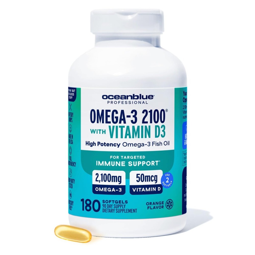 Oceanblue Professional Fish Oil with Vitamin D3 | Triple Strength 2100mg Omega-3 DPA EPA DHA | Wild Caught | Burpless Orange Flavor, 90 Servings (180 Count)