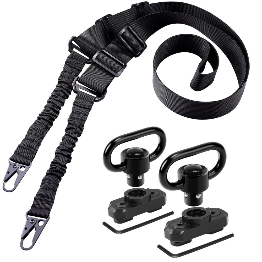 REERON Two Point Traditional Rifle Sling with 2 Pack 1.25 QD Swivel Mounts for M-Rails - Adjustable Extra Long 2 Point Traditional Sling (Black Sling + 2 Pack Swivel Mounts)