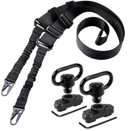 REERON Two Point Traditional Rifle Sling with 2 Pack 1.25 QD Swivel Mounts for M-Rails - Adjustable Extra Long 2 Point Traditional Sling (Black Sling + 2 Pack Swivel Mounts)