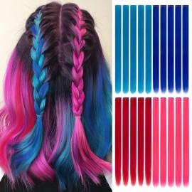 20 Packs Colored Hair Extensions 20Inch Straight Multi-Colors Party Highlights Clip In Hair Extension Synthetic Rainbow Hairpieces for Girls Kids Gift(Blue, Navy Blue, Red, Pink)