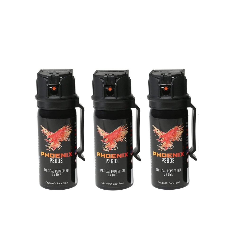 Phoenix P360S Pepper Gel from qseel. Maximum Strength Police & Military Grade Pepper Spray, Gel is Better, Sprays at Any Angle 18 feet, Flip-top Safety and Belt Clip Included - 3 Pack