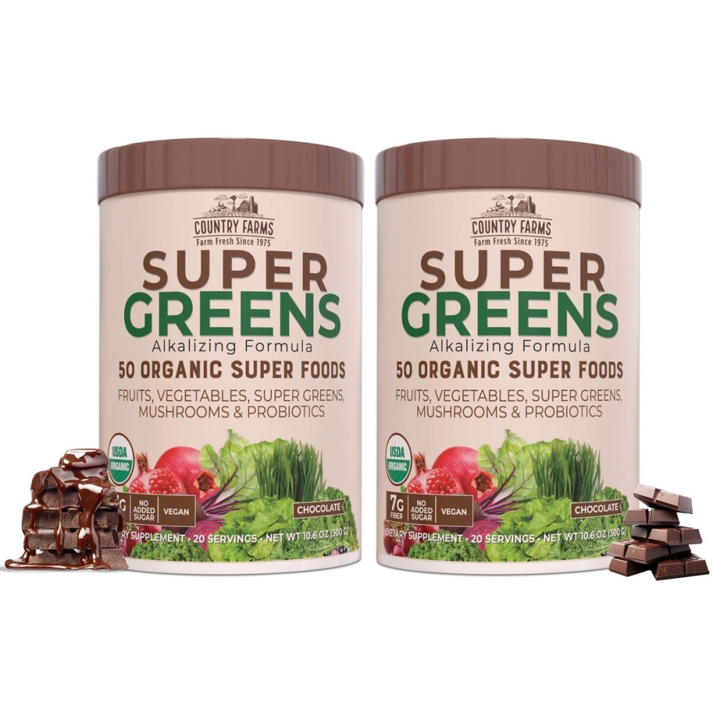 COUNTRY FARMS Super Greens Chocolate Flavor, 50 Organic Super Foods, USDA Organic Drink Mix, Fruits, Vegetables, Super Greens, Mushrooms & Probiotics, Supports Energy, 40 Servings, 10.6 Oz, 2 Pack