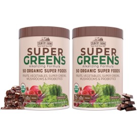 COUNTRY FARMS Super Greens Chocolate Flavor, 50 Organic Super Foods, USDA Organic Drink Mix, Fruits, Vegetables, Super Greens, Mushrooms & Probiotics, Supports Energy, 40 Servings, 10.6 Oz, 2 Pack