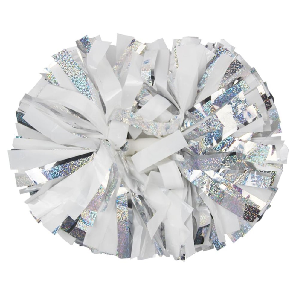 Hooshing 2PCS Silver and White Pom Poms Cheerleading Holographic Spot Cheer Pom Poms with Baton Handle for Team Spirit Sports Cheering
