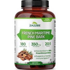 Zazzee Extra Strength French Maritime Pine Bark 20:1 Extract, 350 mg Per Capsule, 180 Vegan Capsules, 95% Proanthocyanidins, Kosher, 6 Month Supply, Standardized 20X Extract, Non-GMO, Made in The USA