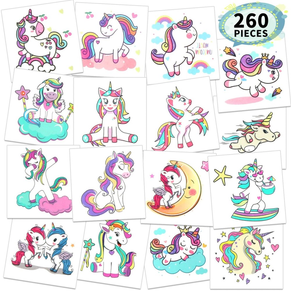 Waterproof Temporary Tattoos For Kids - 260 Pieces | Unicorns & Mermaids | Temporary Tattoo Sheets for Girls | Party Favor for Goody Bags | Non-toxicSkin-Safe*Cosmetic-Grade