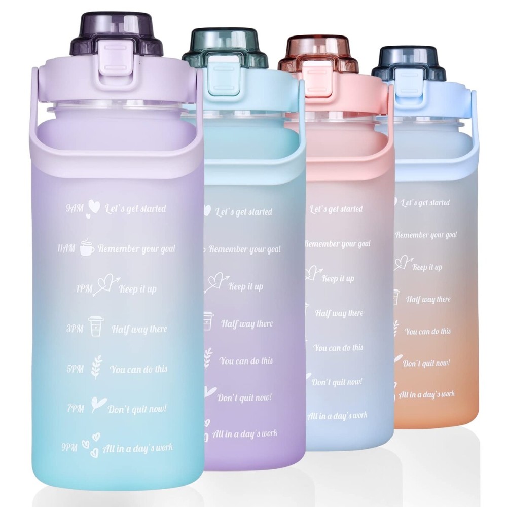 RYI Large Half Gallon 64 OZ Motivational Water Bottle with Straw Time Marker BPA Free for Sport and Fitness Purple Green