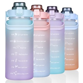RYI Large Half Gallon 64 OZ Motivational Water Bottle with Straw Time Marker BPA Free for Sport and Fitness Blue Purple
