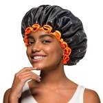 mikimini Black Shower Cap, Double Layers Waterproof Bathing Hair Cap with Reusable Soft Comfortable PEVA Lining, Cute, Non-fading & Stretchy Shower Hat Medium (Pack of 1) Black + Orange