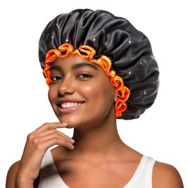 mikimini Black Shower Caps 2 Packs, Double Layers Waterproof Bathing Hair Cap with Reusable Soft Comfortable PEVA Lining, Cute, Non-fading & Stretchy Shower Hat Medium (Pack of 2) Black + Orange