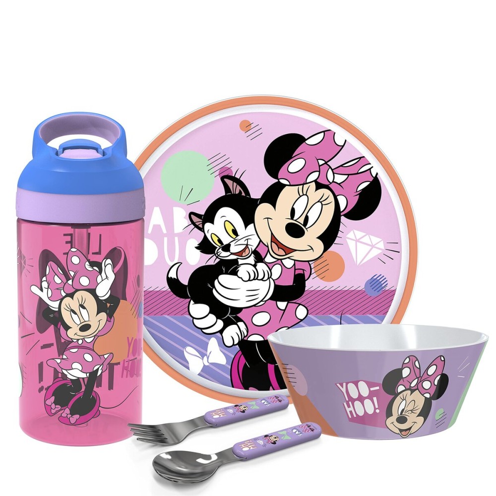 Zak Designs 5-Piece Dinnerware Set, Disney Minnie Mouse - Durable Plastic & Stainless Steel - Includes Water Bottle, 8-Inch Plate, 6-Inch Bowl, Fork & Spoon - Suitable for Kids Ages 3+