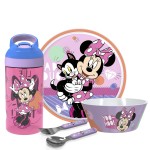 Zak Designs 5-Piece Dinnerware Set, Disney Minnie Mouse - Durable Plastic & Stainless Steel - Includes Water Bottle, 8-Inch Plate, 6-Inch Bowl, Fork & Spoon - Suitable for Kids Ages 3+