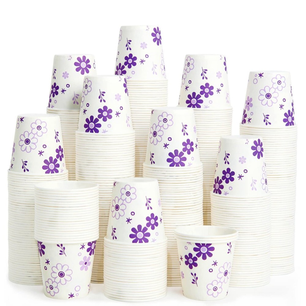 [300 Pack] 3oz Disposable Bathroom Cups, Paper Mouthwash Cups, Cold Disposable Drinking Cup for Party, Picnic, BBQ, Travel, and Event, Purple Floral