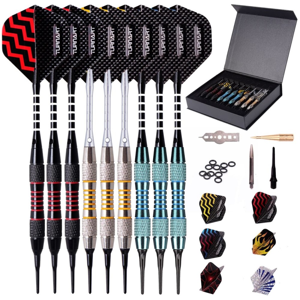 Darts Plastic Tip - Professional Soft Tip Darts Set for Electronic Dartboard 9 Pcs 18 Grams with 50 Extra Tips 9 Shafts 27 Flights Tool Kit Flight Protectors and Gift Case (Blue)