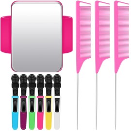 Geiserailie 10 Pcs Hair Styling Tools Set Magnetic Gel & Silicone Wristband for Stylists and Braiders, Wrist Strap, 3 Rat Tail Combs and 6 Plastic Clips(Rose Red Wrist Strap)