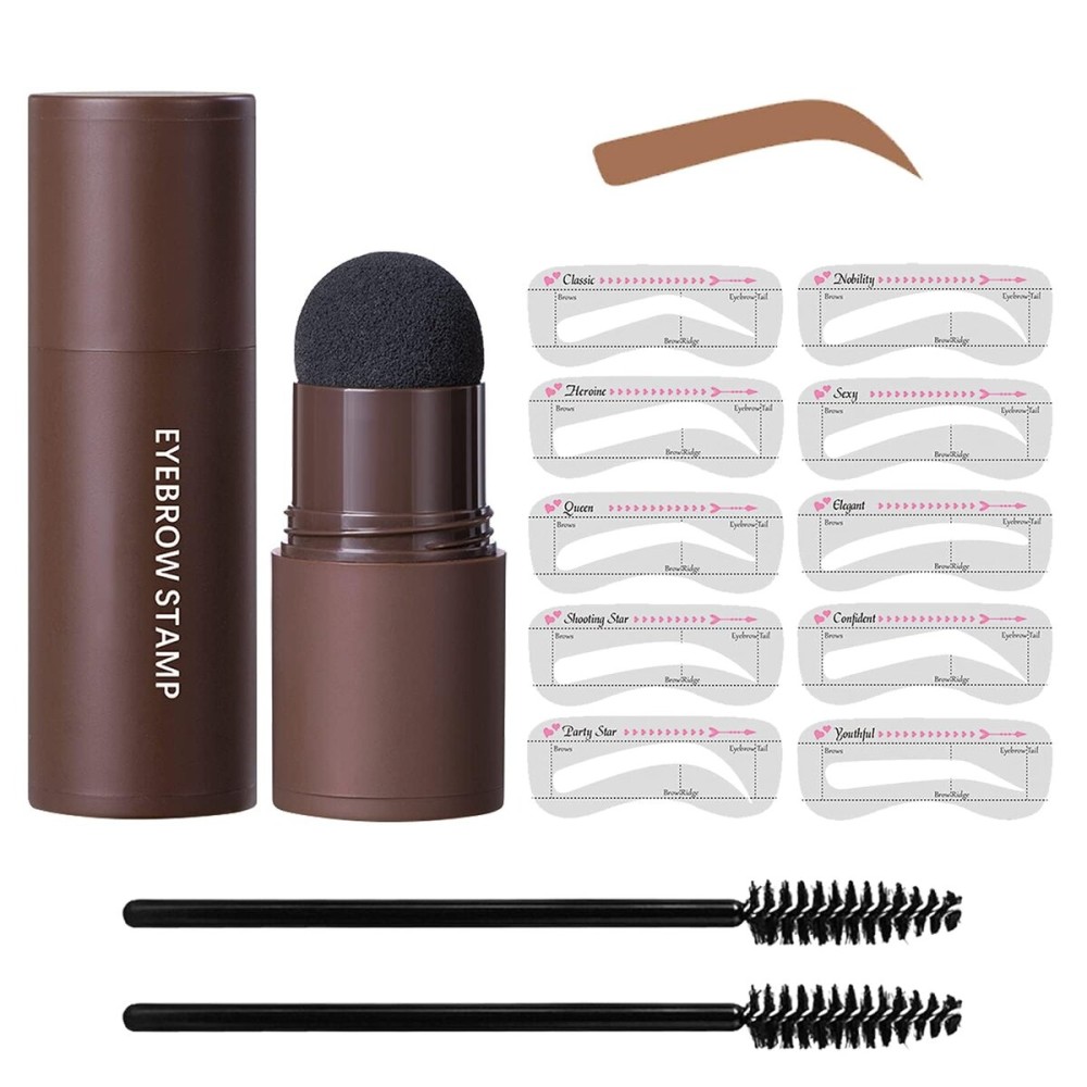 Eye-Brow Stamp Stencil Kit, Waterproof Brow Stamp Shaping Kit Eye Brow Definer & Filling Powder, Women Makeup Tools with 10 Reusable Eyebrow Stencils, 2 Brushes (Light Brown)