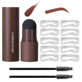 Eye-Brow Stamp Stencil Kit, Waterproof Brow Stamp Shaping Kit Eyebrow Definer, Eyebrow Filling Powder Stamp, Women Makeup Tools with 10 Reusable Eyebrow Stencils, 2 Eyebrow Brushes(Natural Brown)