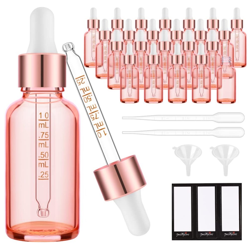 PrettyCare Glass Eye Dropper Bottles 2oz (60ml), 24 Pcs Rose Empty Thick Large Bottles Bulk with Leakproof Caps - With Labels & Funnels for for Storage, Travel,Essential Oils, Skincare, Tincture