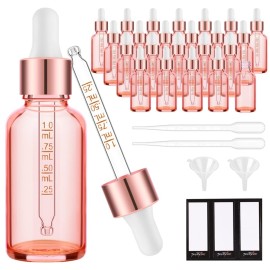 PrettyCare Glass Eye Dropper Bottles 2oz (60ml), 24 Pcs Rose Empty Thick Large Bottles Bulk with Leakproof Caps - With Labels & Funnels for for Storage, Travel,Essential Oils, Skincare, Tincture
