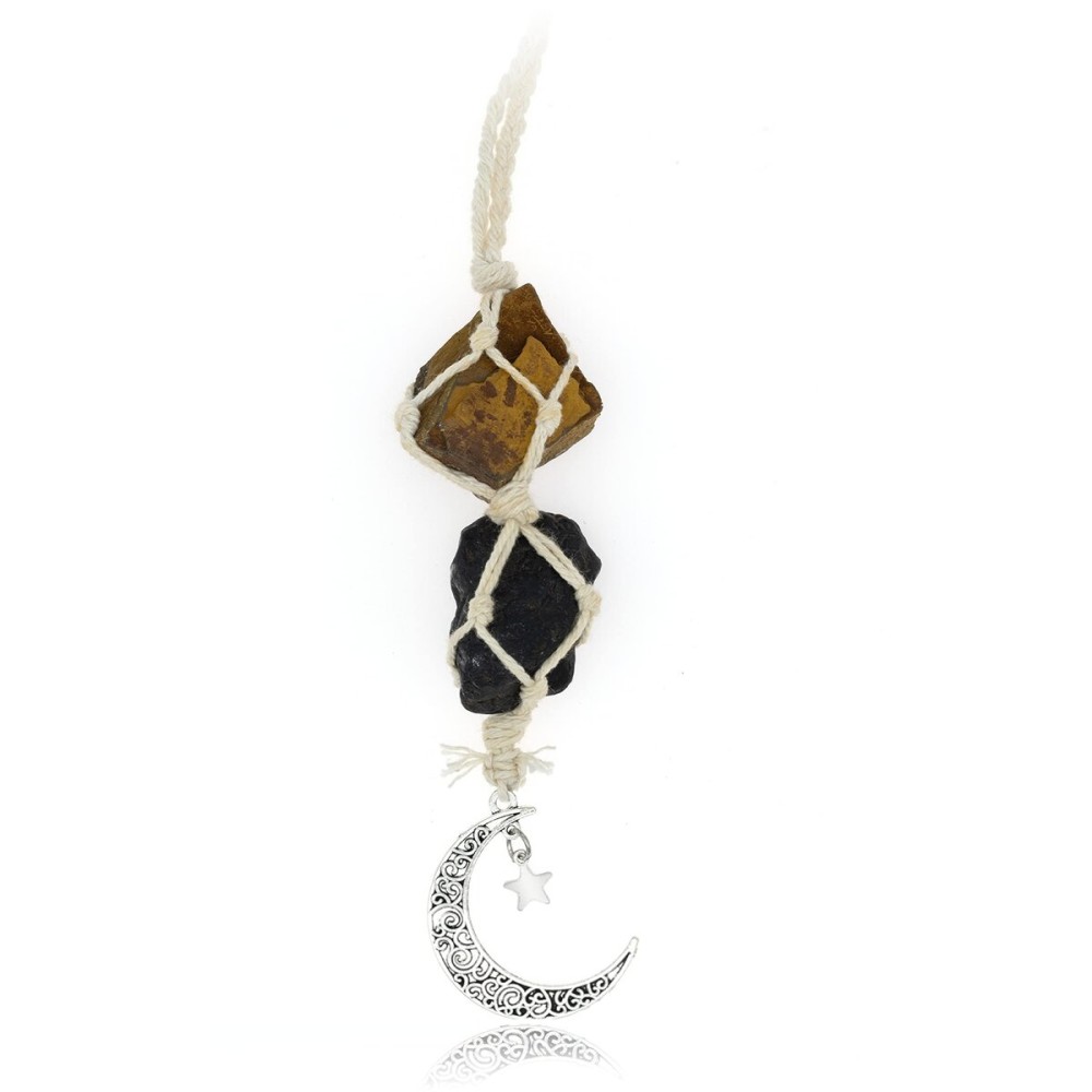 BOHO GARDEN Hanging Car Charm - Tiger Eye & Black Tourmaline - Dangling Moon, Healing Crystal Accessories, Rearview Mirror Decorations - Grounding, Confidence, Protection, Courage, Resilience, Energy