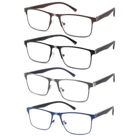 DILLY VISION 4-Pack Blue Light Blocking Reading Glasses for Men Stylish Metal Frame Readers with Comfort Spring Hinges Anti Glare UV Filter Eyeglasses, +2.0 STRENGTH