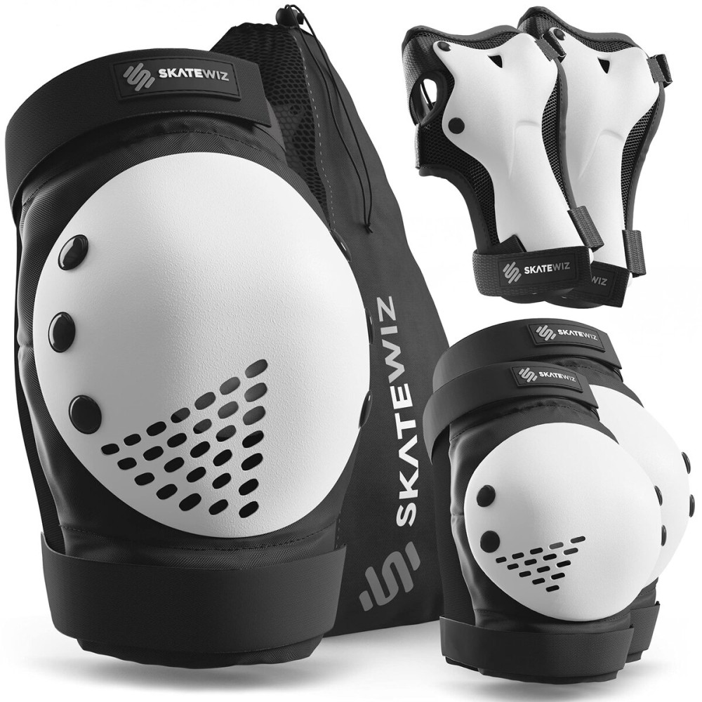 SKATEWIZ Knee and Elbow Pads Adult - Skating Protective Gear Adult, - Smash - Size L/XL Black White - Skateboard Pads, Roller Skates, Inline Skate - Ice Skates Women