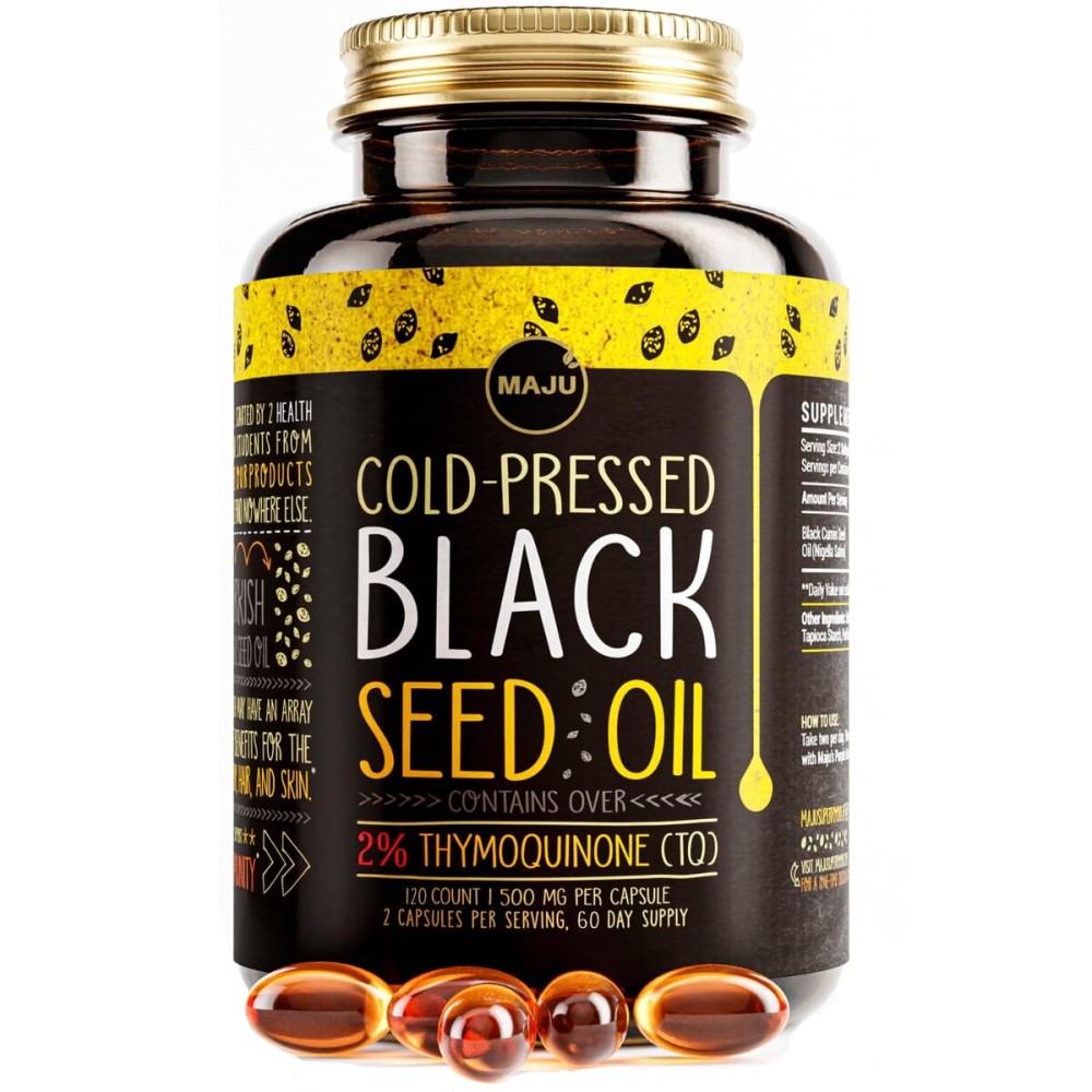 Maju Superfoods Black Seed Oil Capsules, Strong Cold Pressed, 2% Thymoquinone, 100% Turkish Black Cumin Nigella Sativa Seed Oil, Organic BSO, Liquid Blackseed, 120 Count, 500mg per Capsule