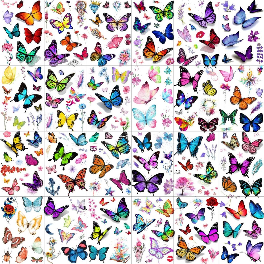 Bilizar 24 Sheets 155+ PCS 3D Colorful Butterfly Temporary Tattoos For Women Arm Boobs, Watercolor Butterfly Tattoos Stickers, Long Lasting Small Fake Tattoos For Kids Girls Adult Neck Cholo Lavender