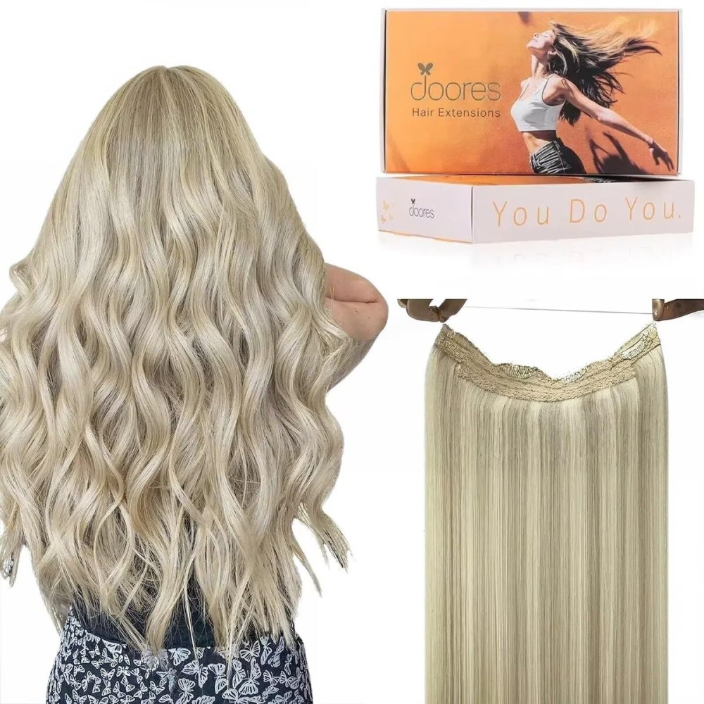 DOORES Wire Hair Extensions 12 Inch 70 g Remy Human Wire Hair Extensions Invisible Transparent Line Adjustable Hairpieces Secret Ash Blonde Highlighted Platinum Blonde